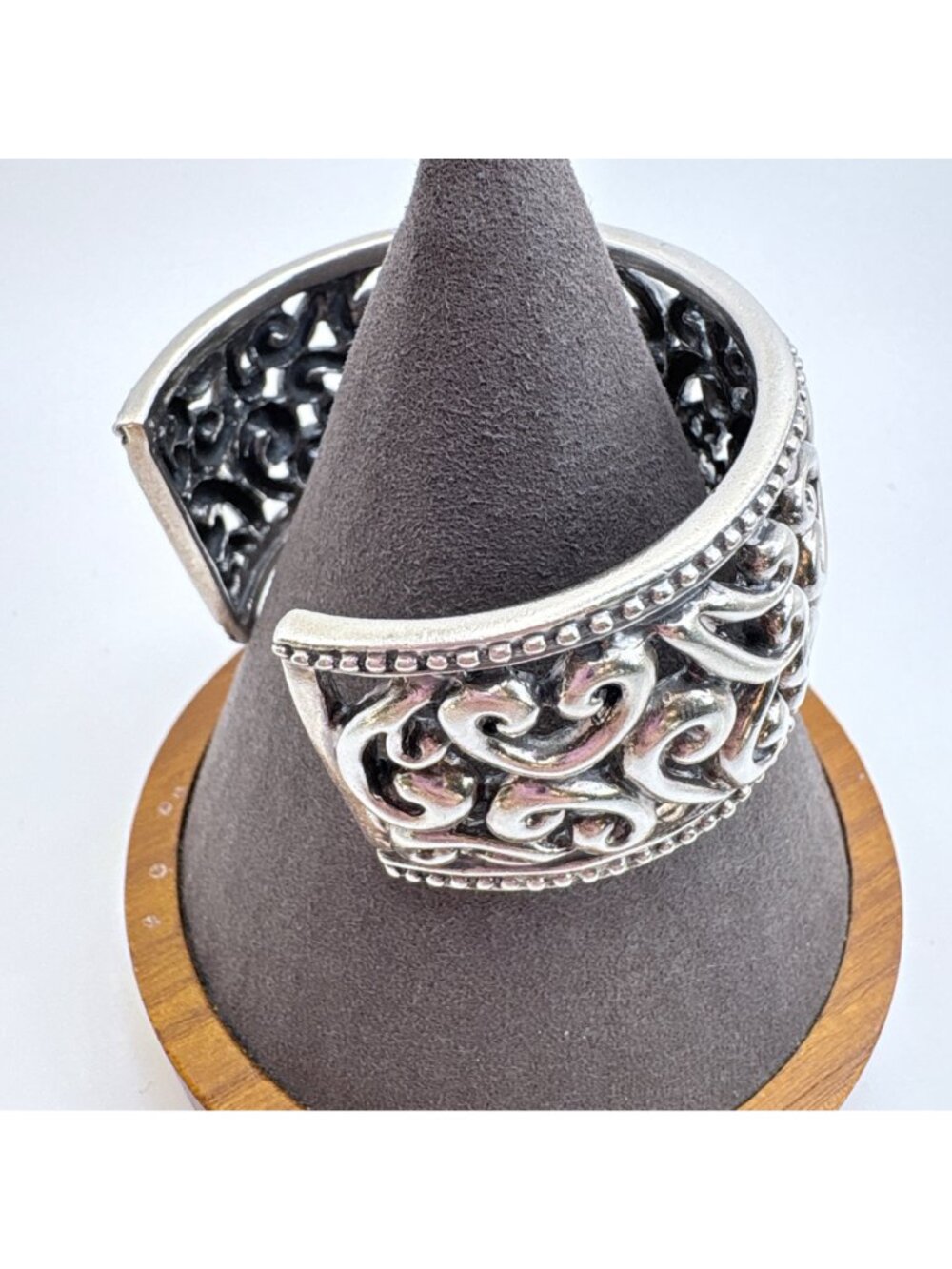 Openwork Scroll Design Sterling Silver 925 Beaded Border Cuff Bracelet 7.5" Fit - Picture 4 of 10